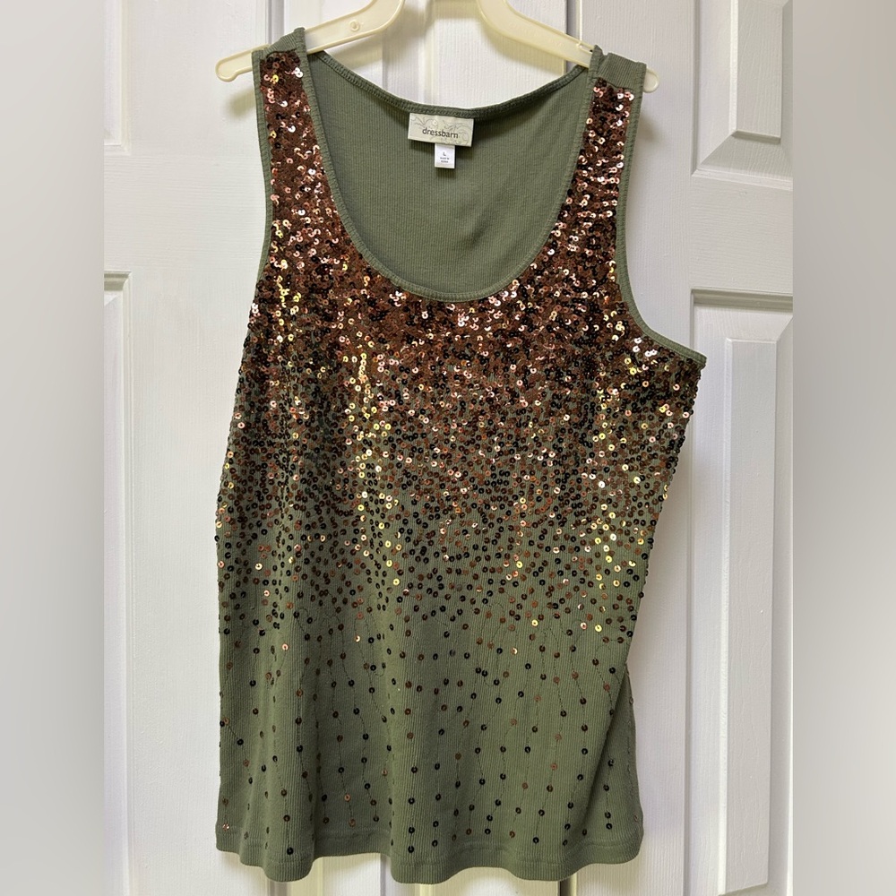 Sequined scoop neck sleeveless tee. Wash in cold inside out-simple! Grass green.